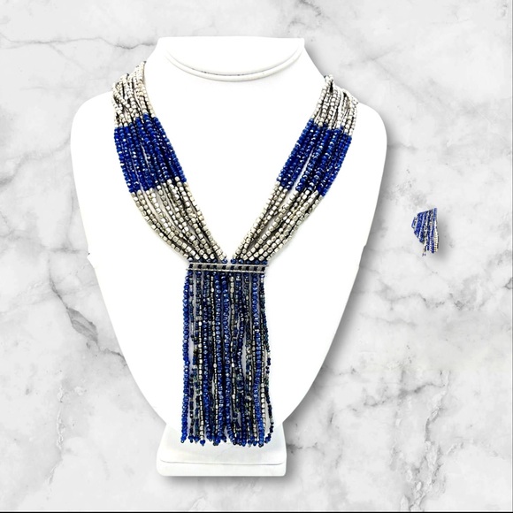 Chic Blue and Silver Beaded Necklace - Picture 1 of 7